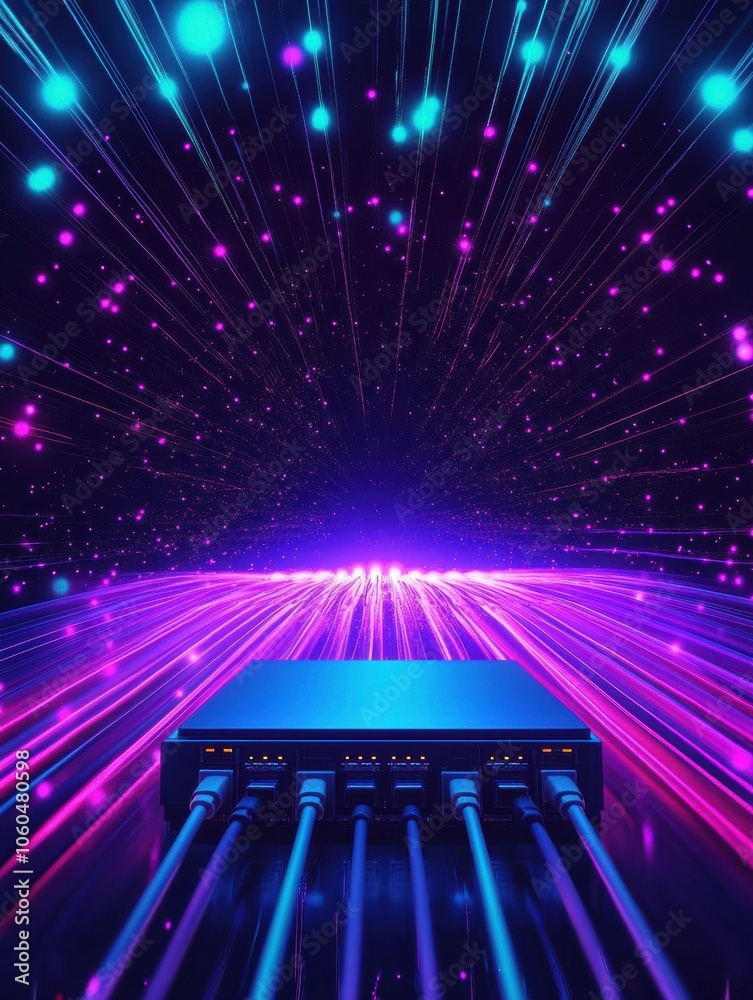 Poster a router with multiple cables is surrounded by abstract glowing lines, creating a vibrant digital at
