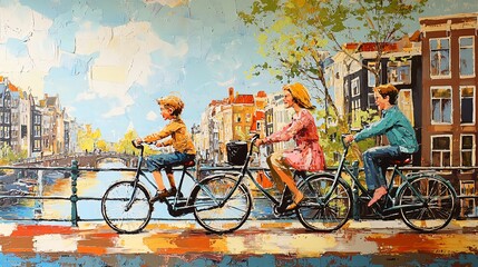 A joyful family adventure riding bicycles through the charming canals of amsterdam on a sunny day