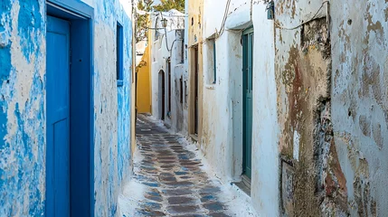Exploring the serene charm of a narrow alley in santorini adorned with iconic blue and white architecture