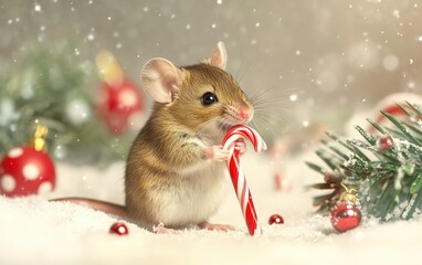 Mouse with Candy Cane A small mouse holding a candy cane, with tiny red and green decorations around, against a clean winter background