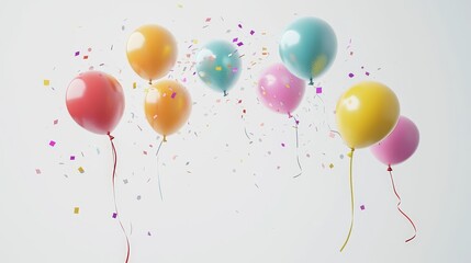 a simple 3D illustration of colorful balloons and confetti