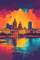 Obraz premium Murcia, Spain, Pop Art style theme print. Cityscape, city skyline.Vibrant, bright, modern, trendy, graphic designed for poster, card, wallpaper