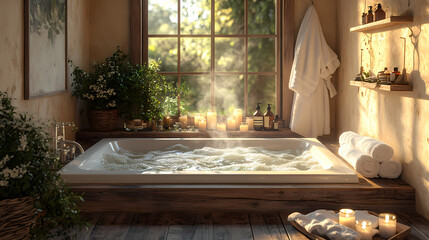 The bathroom is warm and inviting. There is steaming water in the tub and candles emitting soft, twinkling light. The wooden rack holds fluffy towels, and the door is hung with cozy bathrobes.