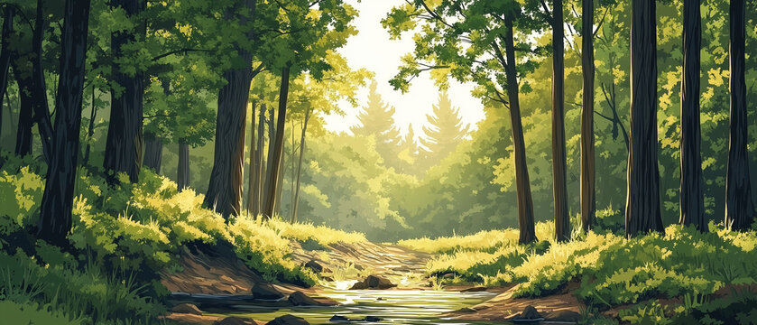 Illustration vectorielle de for&ecirc;t en digital art pour &eacute;cran panoramique