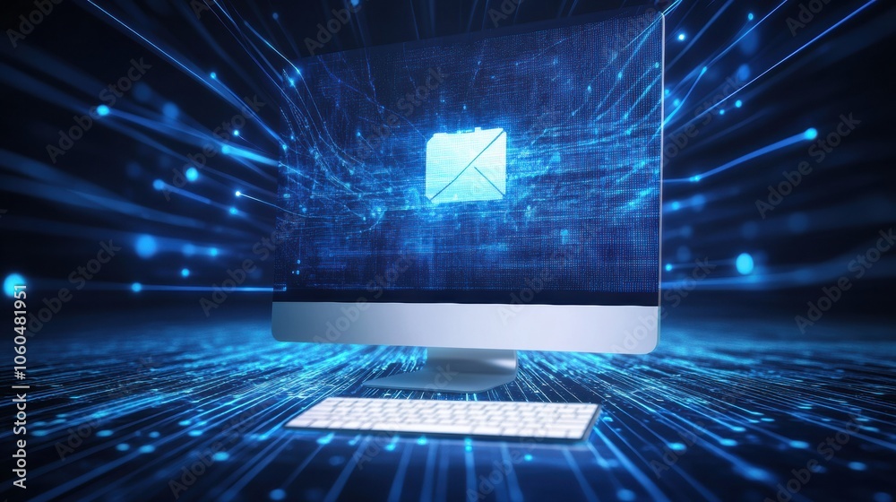 Fototapete a computer screen shows a protection icon amidst a backdrop of glowing blue lines, symbolizing cyber