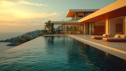 Fototapeta premium Modern private villa building, simple lines, concrete and wood are the materials that make up the main body, huge floor-to-ceiling glass windows.