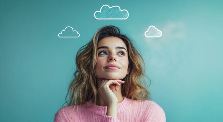 Woman in pink sweater thinking with cloud doodles above her head