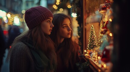 Girls admiring holiday decorations in a festive city at night