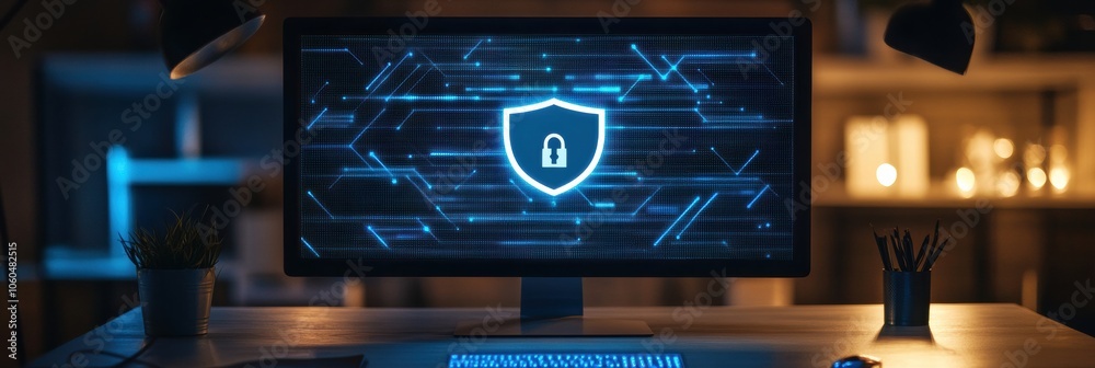 Poster the computer screen shows a glowing protection icon, set against a dark and focused workspace ambian