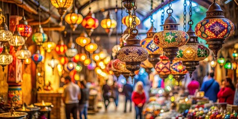 Naklejka premium A tapestry of vibrant lanterns hanging in an atmospheric market, their intricate glass mosaics casting a warm glow on the bustling crowd below.