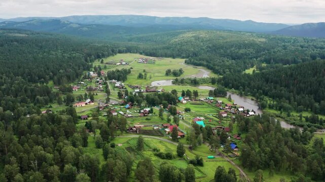Southern Urals, the central estate of the Bashkir State Nature Reserve - Sargaya village. Aerial view.