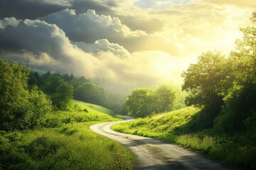 Serene Curved Path Through Verdant Landscape at Dusk