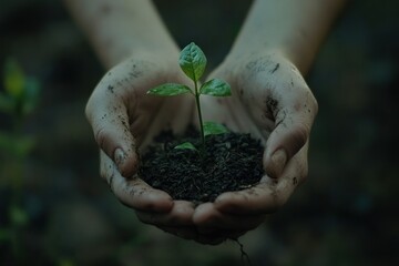 Hands Holding a Small Green Plant in Soil