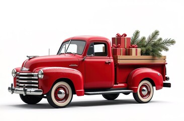 A vintage red truck adorned with beautifully wrapped gifts and fresh pine branches, embodying the festive spirit of Christmas and New Year celebrations, perfect for eco-friendly deliveries.