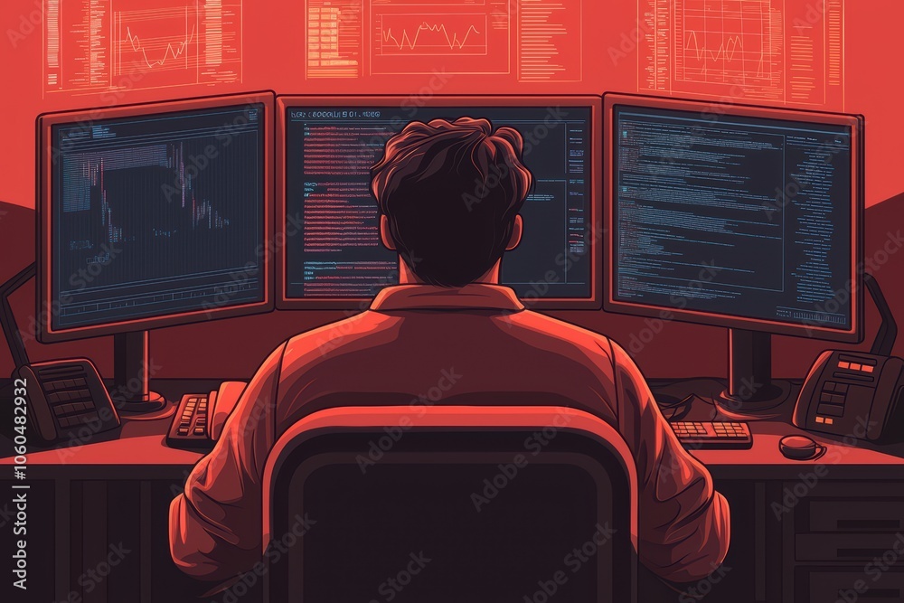 Poster a focused individual analyzing data on multiple screens in a dimly lit environment.