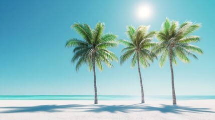 Obraz premium A stunning visual of three 3D coconut palm trees, each at different heights, with detailed textures on the bark and leaves.