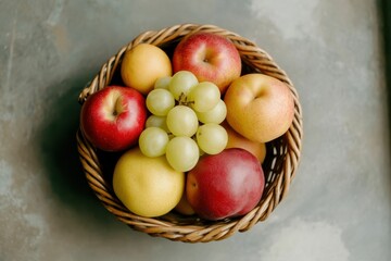 A basket of fruit including apples and grapes. The idea of healthy, natural and wellness.