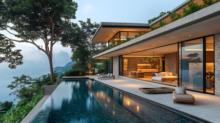 Fototapeta premium Modern private villa building, simple lines, concrete and wood are the materials that make up the main body, huge floor-to-ceiling glass windows.