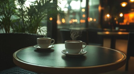 Busy cafe background, warm ambient light, tables with coffee cups, and a cozy atmosphere
