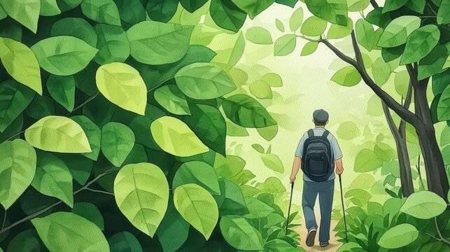 A hiker exploring a lush green forest path surrounded by vibrant leaves.