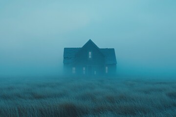 Mysterious Foggy House in Twilight Landscape