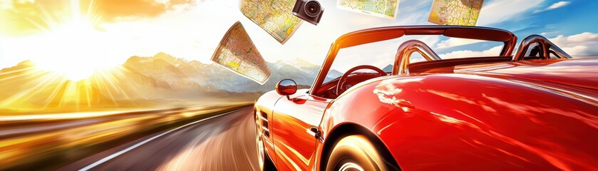 Fototapeta premium A red sports car drives down a scenic road under a bright sun with flying maps in the background.
