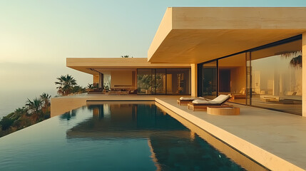Fototapeta premium Modern private villa building, simple lines, concrete and wood are the materials that make up the main body, huge floor-to-ceiling glass windows.