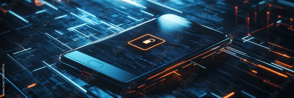 Poster a smartphone displays a glowing lock icon on its screen, surrounded by a vibrant, abstract digital b