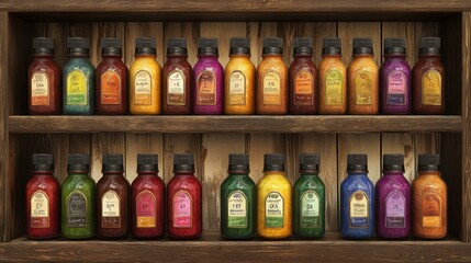 Chemical storage bottles labeled and arranged neatly on lab shelves, bright lighting highlighting realistic textures