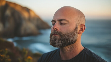A man with a beard, eyes closed, enjoying a moment of relaxation by the ocean, capturing a sense of peace and mindfulness in nature.