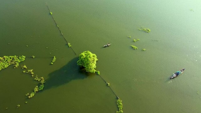 Drone arial shot of beautiful landscape, Jamuna River with floating boats a tree in the middle of river, , Bangladesh