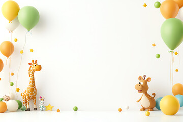 Fototapeta premium Cute animal characters around mockup white board, soft tones, 3D illustration