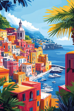 Naples, Italy, Pop Art style theme print. Cityscape, city skyline.Vibrant, bright, modern, trendy, graphic designed for poster, card, wallpaper