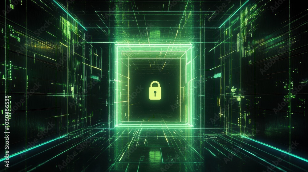 Poster the digital display features a prominent lock icon at its center, surrounded by vibrant green lines 