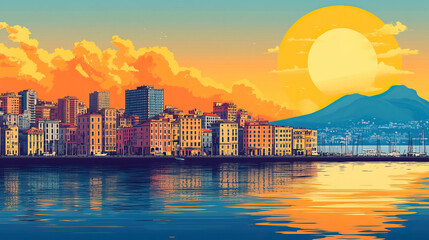 Obraz premium Naples, Italy, Pop Art style theme print. Cityscape, city skyline.Vibrant, bright, modern, trendy, graphic designed for poster, card, wallpaper