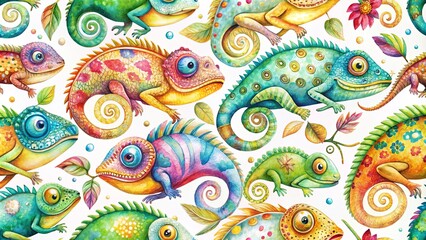 Fototapeta premium Whimsical Watercolor Illustration Featuring a Diverse Array of Vibrant Chameleons with Curved Tails and Intricate Details, Set Against a White Background