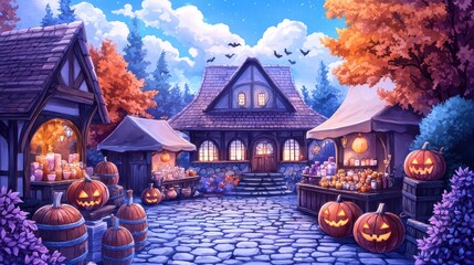 Charming Halloween market with pumpkins, cozy stalls, and a magical atmosphere under the starry night sky.