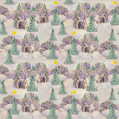 Winter landscape in a seamless pattern. Firs, snowdrifts, houses. Drawn with coloured pencils. Seamless pattern.