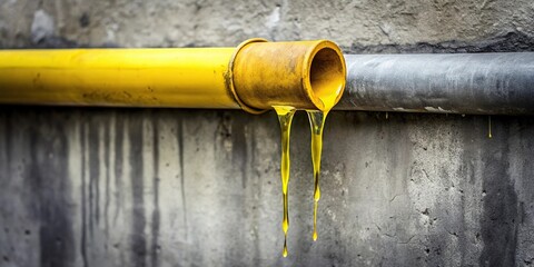 A small puddle of bright yellow oil drips slowly down the side of an old metal pipe on a dirty concrete background, metal pipe, environmental damage