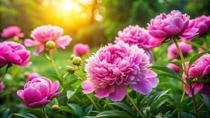 A stunning display of pink peonies in a lush green garden with soft sunlight, garden, pink, landscape, arrangement