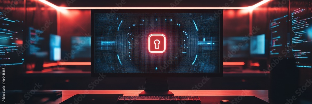 Poster The computer screen prominently features a lock icon, emphasizing digital security in a high-tech workspace illuminated by neon lights. Generative AI
