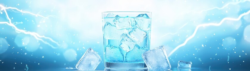 Obraz premium Cool glass of water with ice cubes, relaxing blue background with lightning effects.