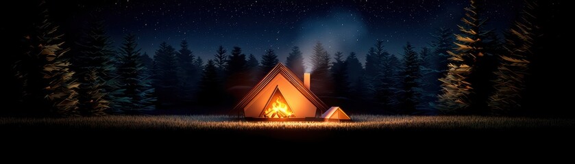 Cozy cabin in the woods, surrounded by tall trees and a starry night sky.