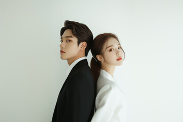 A photograph of a Korean celebrity couple modeling for a wedding dress. The man is wearing a black suit with a white shirt,  a woman is wearing white suit
