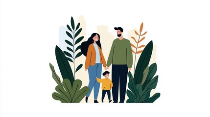 A modern family illustrated with a child, standing amidst green foliage, showcasing togetherness and nature.