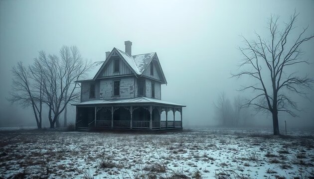 A dilapidated house stands alone in a foggy winter setting, with snow covering the ground and barren trees enhancing the eerie mood of the location