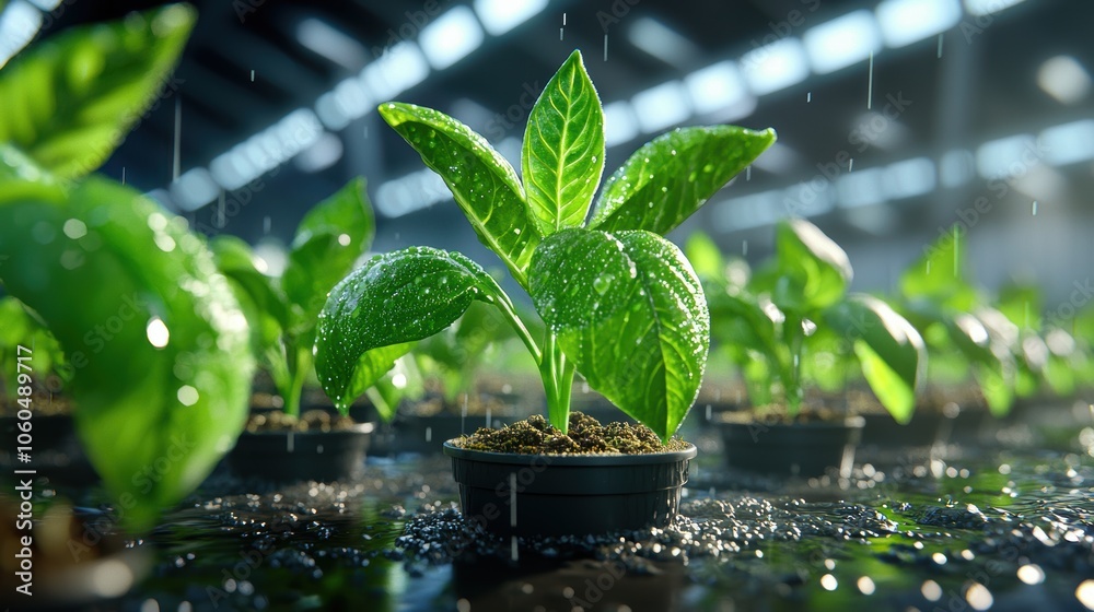 Wall mural fresh green seedlings with droplets of water are thriving in a well-lit greenhouse, showcasing healt