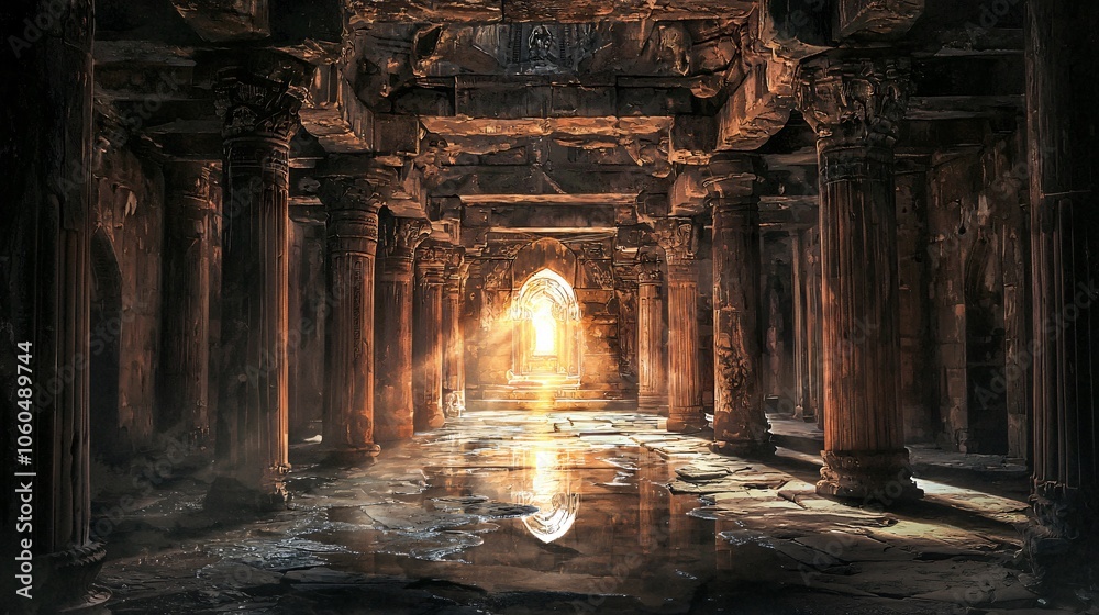 Poster a mysterious ai art gallery illuminated by sunlight within ancient temple ruins blending history and