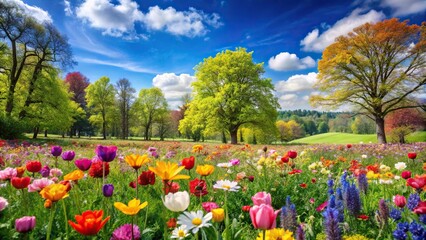 Colorful spring flowers blooming in a lush meadow with tall trees and a bright blue sky, blooming, trees, spring flowers, vibrant