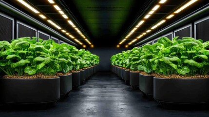 A modern indoor garden featuring lush, green plants arranged in long rows under bright, LED lighting.